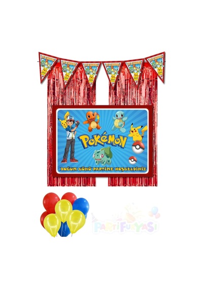 Pokemon Lüks 50x70 Cm Afişli Doğum Günü Süsleri Seti + Pokemon Parti Malzemeleri
