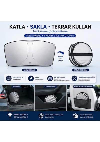 Polham 140x80 Cm Tesla Model Y Ve Model 3 İle Uyumlu Ön Cam Güneşliği, Isı Yalıtımlı Güneş Koruyucu 23311732
