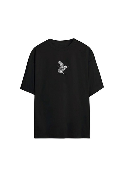 Thewert Unisex Kartal Baskılı Siyah Oversize Tshirt