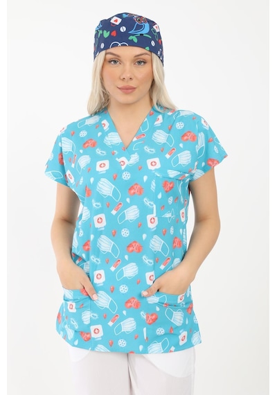 Likralı Cerrahi, Doktor, Hemşire, Veteriner, Dişçi, Desenli, Renkli Forma Tek Üst Scrubs Çok Renkli