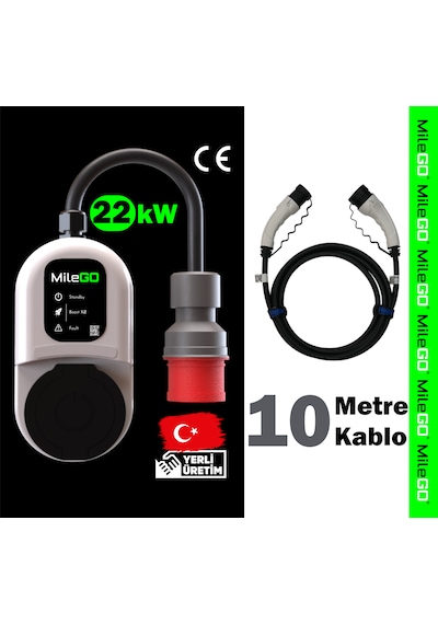 Milego 22kw Şarj İstasyonu 10 Metre Kablolu Set Mobil Taşınabilir Elektrikli Araç Şarj Ünitesi 22 KW