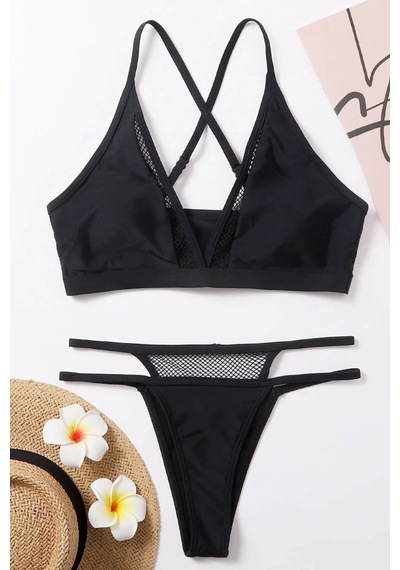 Siyah File Detaylı Şık Bikini Takımı Yüksek Bel Esnek Kumaş Yazlık Kadın Mayo Seti
