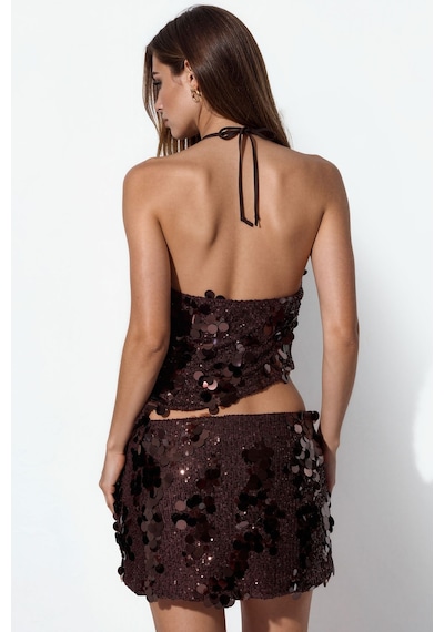 Hiccup Busem Pullu Halter Crop Üst Kahverengi