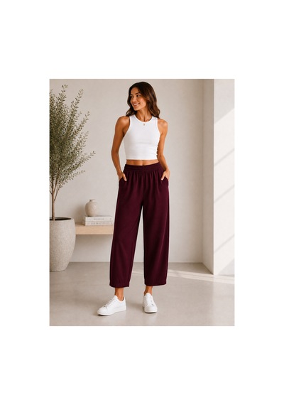 Mixxtrend Kadın Tencel Mom Kalıp Havuç Pantolon Bordo