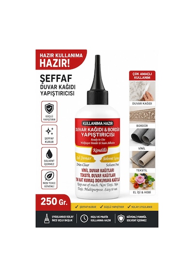 Hazır 250 Gr Şeffaf Duvar Kağıdı Tutkalı Bordür Vinil Tekstil El İşi Yapıştırıcısı