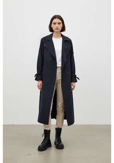 Durivya Kuşaklı Oversize Trençkot Lacivert