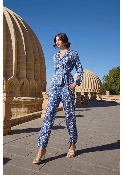 Monamise Kadın Yaprak Desenli Kuşak Detaylı Pijama Takımı 23039 Çok renkli