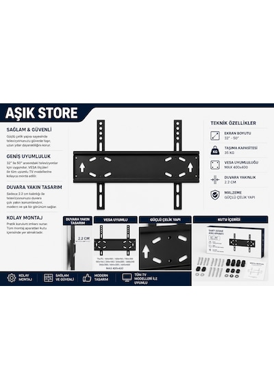Sabit Tv Askı Aparatı 32-50 İnç Universal Tv Duvar Askısı Vesa 400x400 35 Kg Lcd Led Oled Qled Metal Gövde