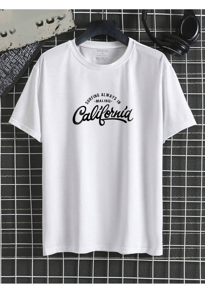 Surfing California T-shirt - Beyaz Baskılı Oversize Bisiklet Yaka Kısa Kol Tişört Beyaz