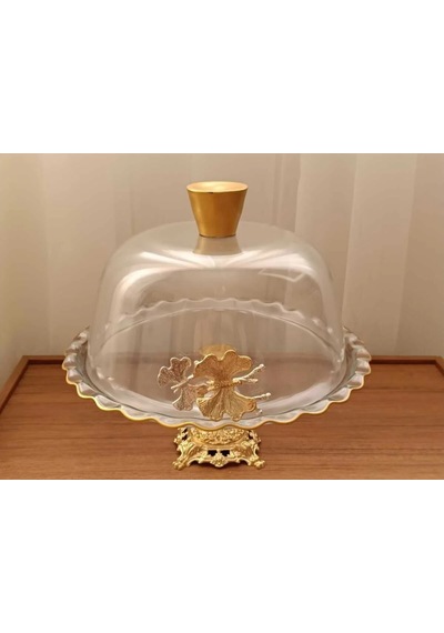 Çnr Home Collection Gold Metal Ayakli Cam Kapakli Kek Pasta Standi Fanus Gri