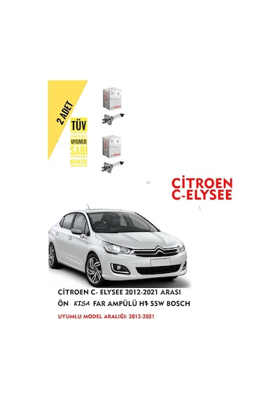 Citroen C- Elysee 2012-2021 Arası Ön Kısa Far Ampülü 2 Adet Sarı Renk