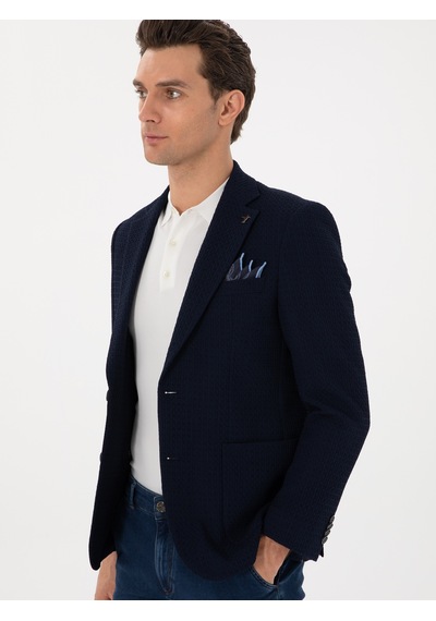 Cacharel Lacivert Slim Fit Dokulu Yün Karışımlı Ceket