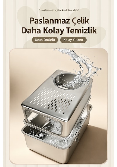 Monozone Büyük Boy Çelik Kedi Kum Kabı Kapalı Sıçrama Önleme Metal Kedi Tuvaleti Paslanmaz Kedi Yatağı