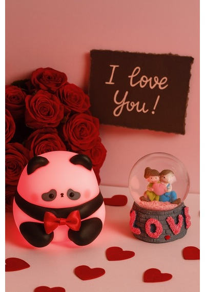 2 Li Sevgiliye Romantik Hediye Seti Slikon Panda Renkli Led Gece Lambası Ve 9 Cm Love Kar Küresi Set Pembe