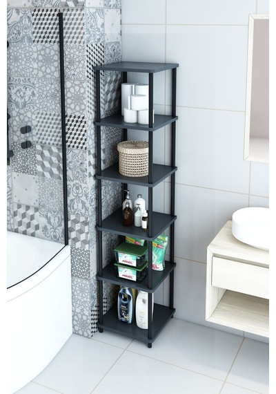 6 Raflı Kare Banyo Dolabı Havluluk Banyo Kileri Banyo Düzenleyici, Kolay Kurulum, Şık Ve Fonksiyonel Antrasit