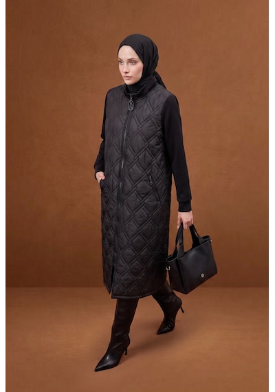 Armine Trend Kapitone Desenli Fermuarlı Cepli Uzun Yelek Modern Günlük Tesettür Dış Giyim Siyah 25kt568