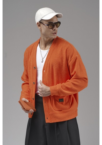 King-Brich Logo Detaylı Oversize Kalıp Erkek Hırka Turuncu