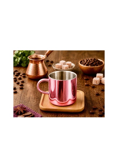 Aynalı Borosilikat Cam Türk Kahvesi Fincan Seti,kırmızı,2x125ml Bambu Tabaklı, Isıya Dayanıklı Pembe