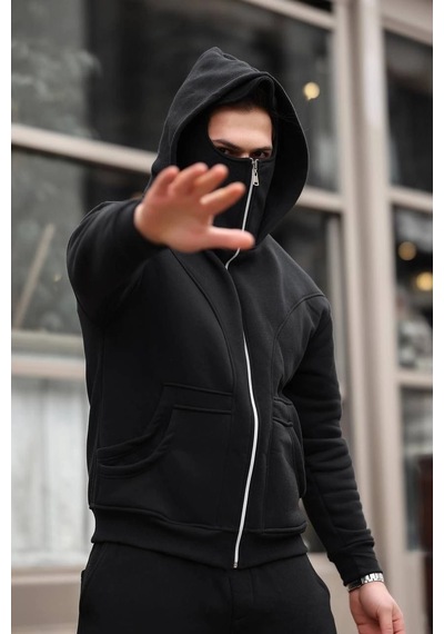 Barlashive Erkek 3 İplik Şardonlu Maskeli Ninja Model Çift Kapüşonlu Fermuarlı 4 Cepli Sweatshirt- Siyah Çok Renkli