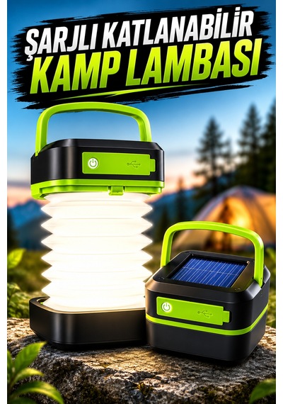 Güneş Enerjili Led Lamba Kamp Lambası Katlanabilir Lamba Usb Şarjlı - Lisinya Yeşil