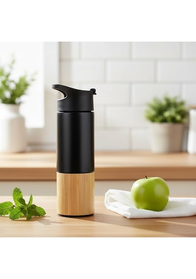 450 Ml Bambu Kaplamalı Çelik Termos - Siyah, Mavi Ve Kırmızı Renk Seçenekli Sızdırmaz Isı Yalıtımlı Seyahat Termosu Siyah Çok Renkli