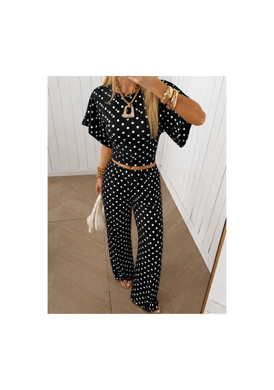 Hımmelduf Kadın Puantiyeli İkili Takım Crop Bluz Bol Paça Pantolon Siyah