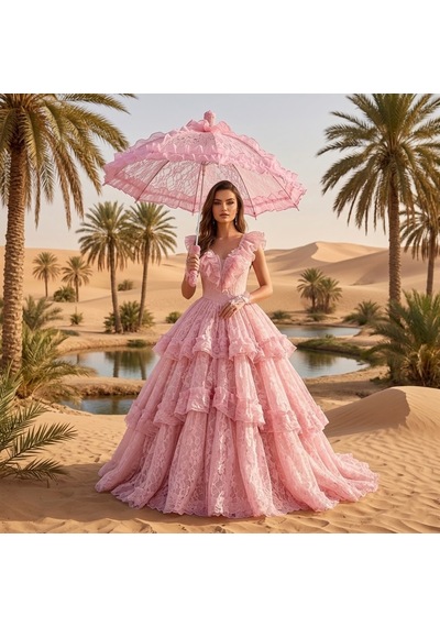 Şeker Pembe Komple Dantelli Gelin Ve Nişan Şemsiyesi - Fotoğraf Aksesuarı Pembe