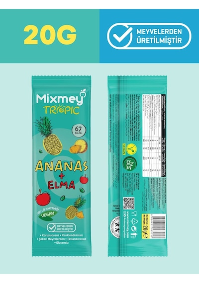 Mixmey Ananas Meyve Barı 12 Adet | Atıştırmalıklar – Vegan, Glutensiz, Koruyucusuz 20gr X 12 Adet
