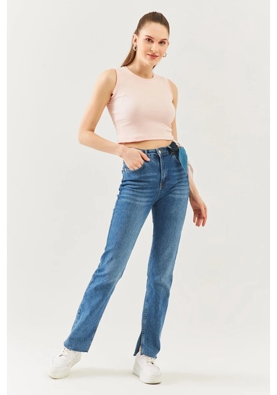 Butikgiz Kadın Sıfır Kol Bisiklet Yaka Vücuda Oturan %100 Pamuklu Kaşkorse Esnek Crop Bluz Pudra