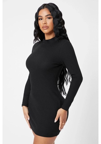 Najmaddin.com Beru Kadın Siyah Kaşkorse Balıkçı Yaka Uzun Kollu Bodycon Mini Elbise Premium Şık Stil