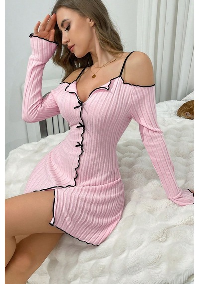 Bella Notte Toz Pembe Düşük Omuzlu V Yaka Uzun Kollu Gecelik