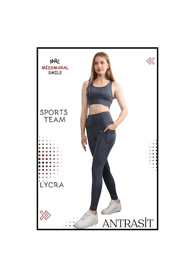 Missmaral Kadın Alt Üst Takım Fitness Pilates Koşu Spor Slm Fit Tayt Çift Cep Yüksek Bel Likralı Antrasit 3065 Antrasit