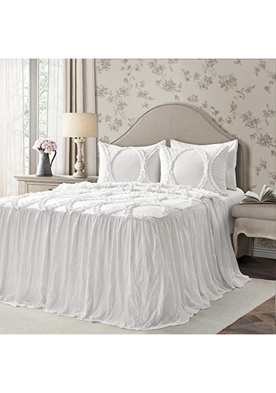 Lush Décor Riviera Fırfırlı Etek Yatak Örtüsü Beyaz Salaş Şık Çiftlik Evi Tarzı Hafif 3 Parça Set Polyester Genel
