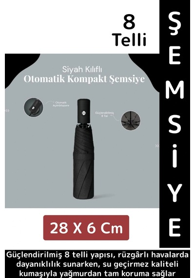 Kompakt Çanta Boy Seyahat Tipi Dayanıklı Otomatik Açma Kapama Güçlendirilmiş 8 Telli Kılıflı Şemsiye Çok Renkli