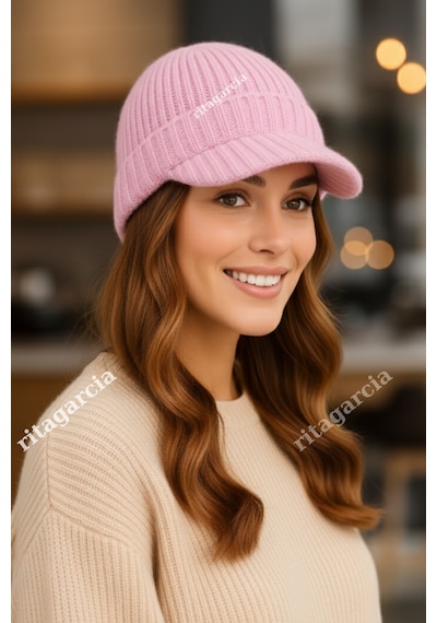 Ritagarcia Premium Soft Örgü Şapka / Bere - Siperli Kışlık Cap Şapka Pembe