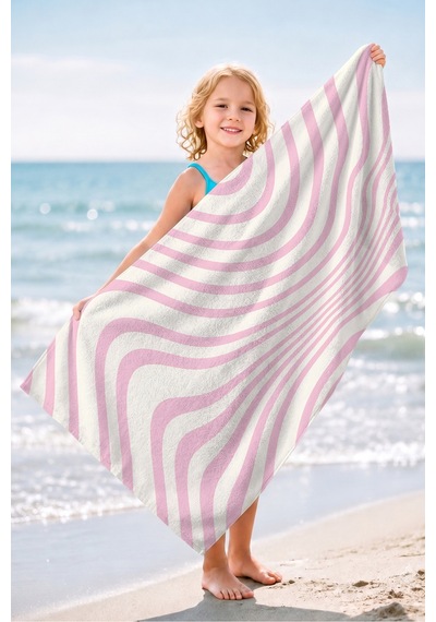 Modern Soyut Dalgalı Çizgili Plaj Havlusu - Pembe Ekru Retro Akışlı Hızlı Kuruyan Mikrofiber Havlu Çok Renkli