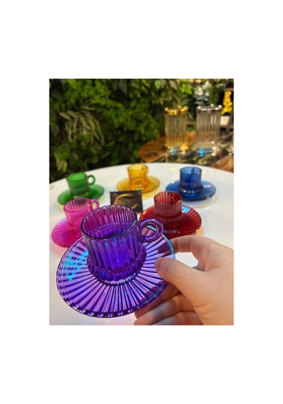 Renkli Cam Fincan Takımı, 6 Kişilik 12 Parça, Renkli Çay Seti, Espresso Takımı, 6 Renkli Fincan Çok Renkli
