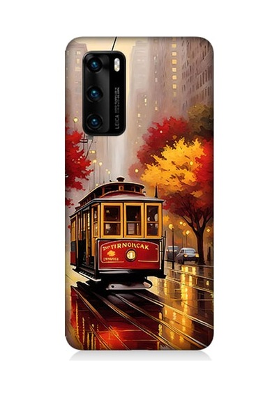 Huawei P40 Uyumlu Kırmızı Tramvay Desenli Silikon Kılıf