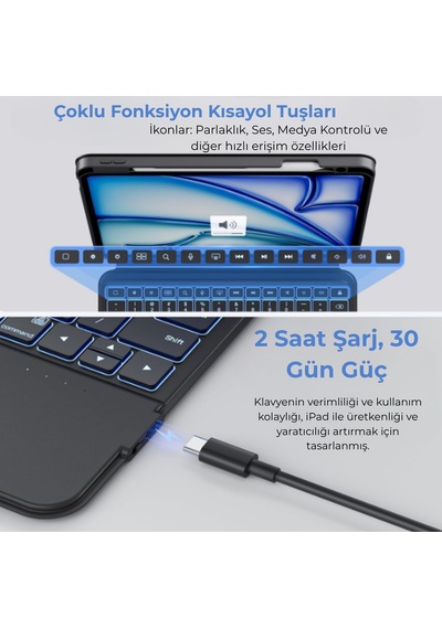 İpad Uyumlu Air 11" M2-m3 2024-25 360 Dönen Standlı Işıklı Risser Türkçe Q Klavyeli Tablet Kılıfı