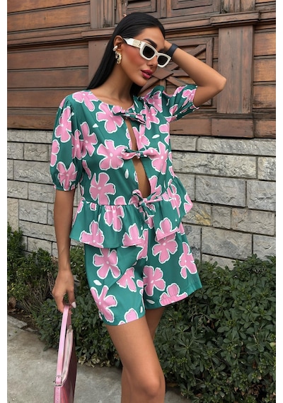 WeShaya Kadın Multi Çiçek Desenli Poplin Kısa Takım Çok Renkli