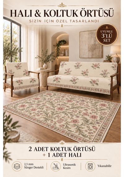 3 Lü Set 2 Adet 165x215 Cm Koltuk Örtüsü + 1 Adet 6m2 180x280 Cm Kaymaz Taban Dijital Baskılı Halı krem