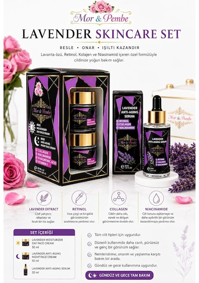 Skincare Seti, Gündüz Kremi, Gece Kremi Ve Anti-aging Serum, Retinol, Kolajen, Niasinamid İçerikli, 3'lü Bakım Set