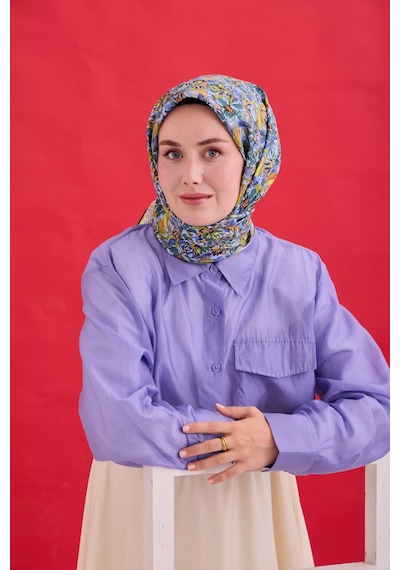Silk Home Twill İpek Eşarp 11477-27 Mavi Gri, Fosfor Sarı, Soft Turuncu