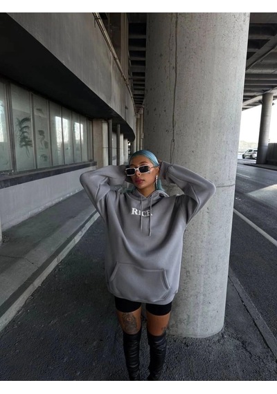 Freedom Store Kadın Kapüşonlu Kanguru Cepli Sweatshirt 3 İplik Pamuklu Baskılı Hoodie - Gri