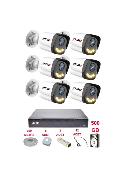 Fury 6 Kameralı 4 Warm Led Gece Renkli Görüş-cepten İzle-su Geçirmez Güvenlik Kamerası Seti 500gb