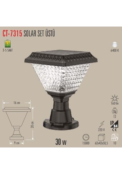 Cata Ct-7315 Solar Bahçe Set Üstü Armatür Lambası 30w Dış Mekan Aydınlatma 6500k Beyaz Işık Çok Renkli