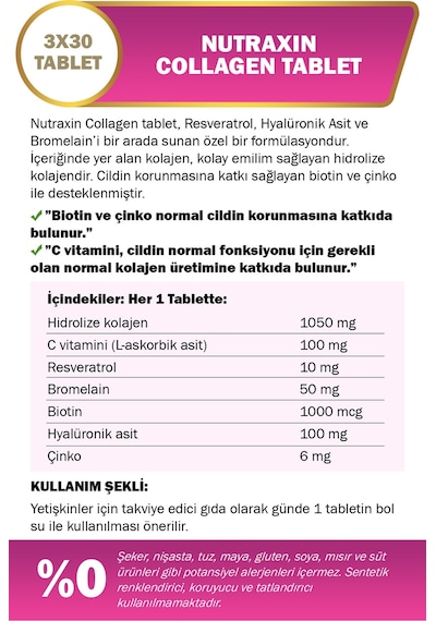 Nutraxin Hidrolize Kolajen 1050 Mg 3x30 Tablet Tip1 Tip3 Resveratrol Bromelain Biotin Hyalüronik asit Çinko