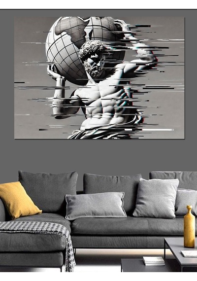 Glitch Efektli Atlas Heykeli Dekoratif Kanvas - Mdf Ahşap Tablo