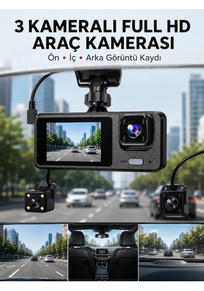 3 Kanallı Araç Dvr - Ön + İç + Arka Kamera İle Tam Kapsama Yüksek Güvenlik Yeni Nesil