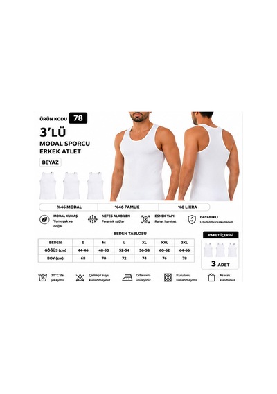 Yıldız Çamaşır Erkek Modal Sporcu Likralı Atlet 77-78-79 - 3 Adet Beyaz